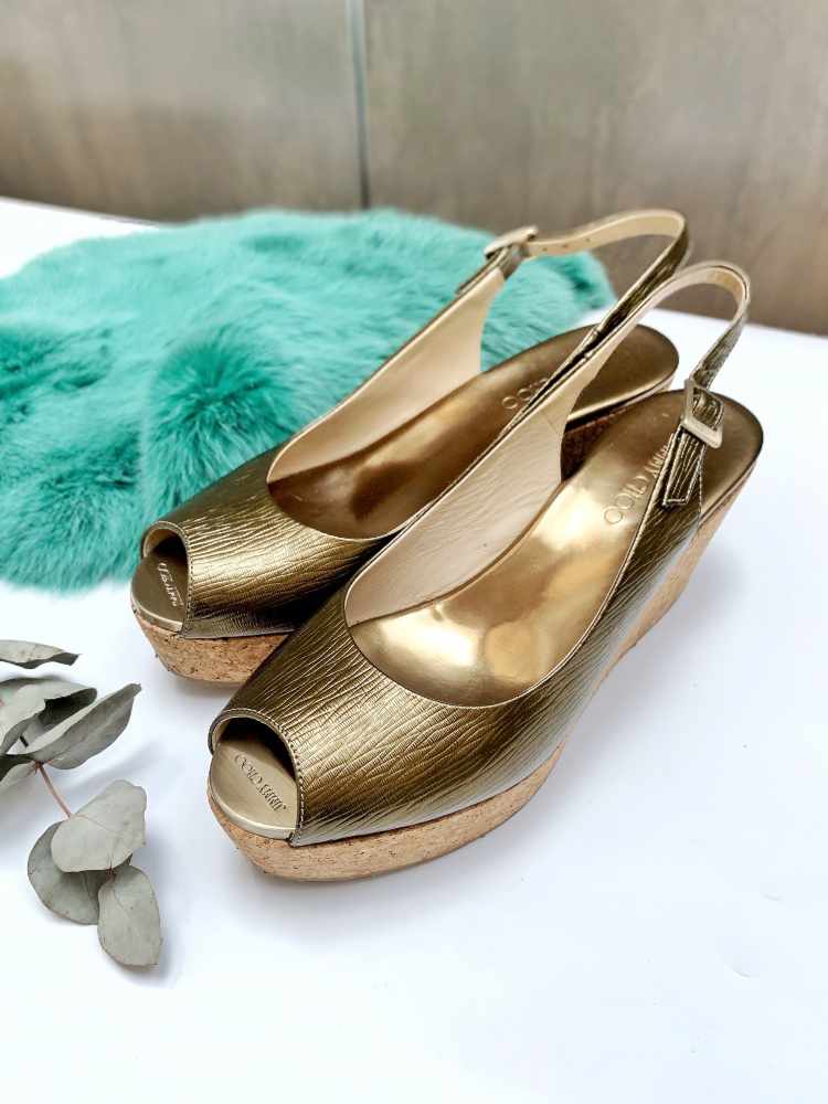 Authentic Jimmy Choo Metallic Gold Wedge Sandal 36 – Paris Station Shop