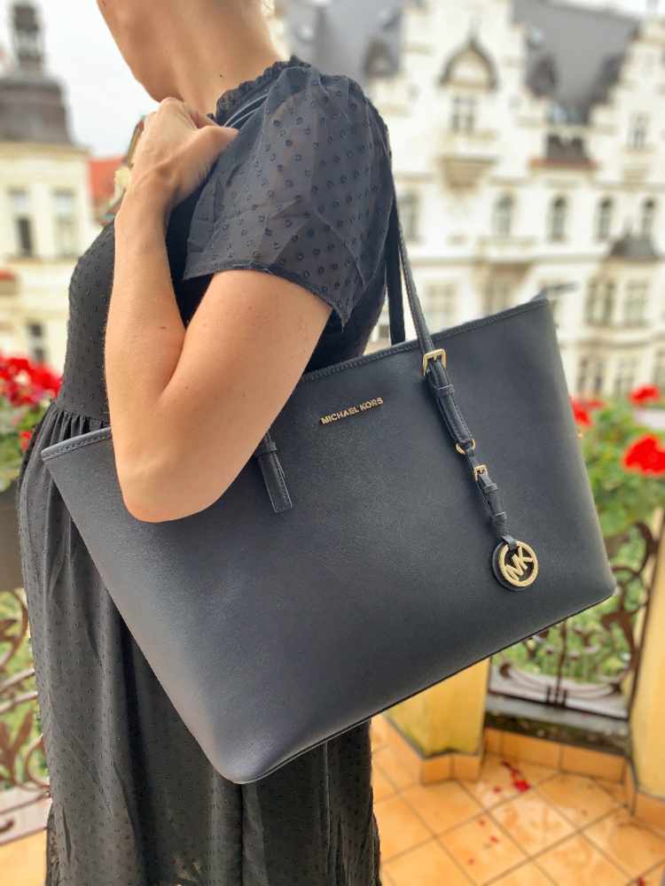 Large Saffiano Leather Tote Navy Blue 