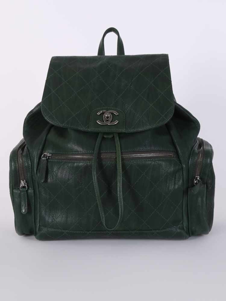 Chanel - Double Pocket Grained Calfskin Backpack Green