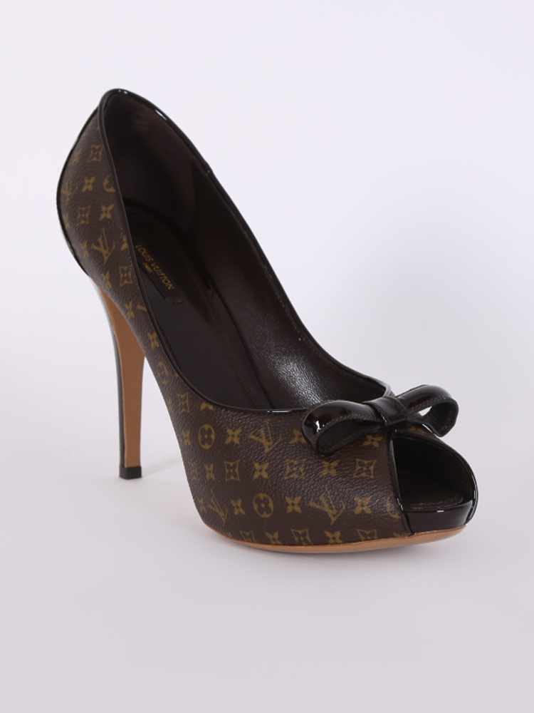 Louis Vuitton Brown Monogram Canvas and Patent Leather Peep Toe Pumps Size  37 - ShopStyle