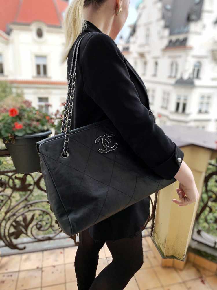 Chanel Black Calfskin Leather Quilted XL Tote Bag