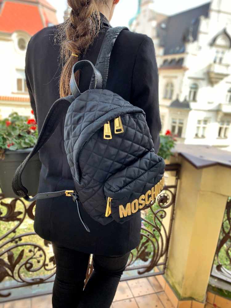 Moschino - Gold Logo Quilted Medium Backpack Black | www.luxurybags.eu