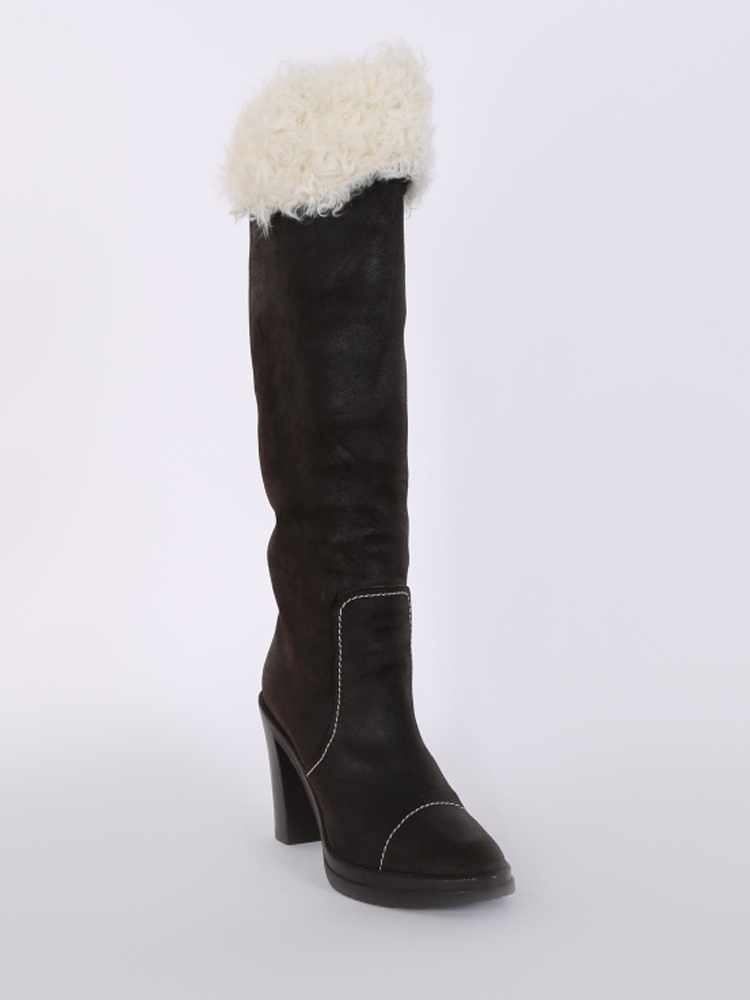 Louis Vuitton - Beth Suede Heel Knee High Shearling Boots Brown 39