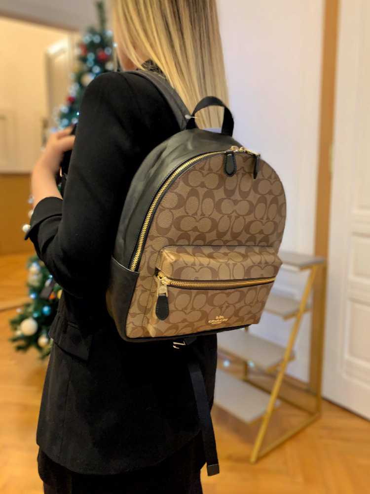 Coach - Charlie Medium Signature Monogram Backpack Brown/Black