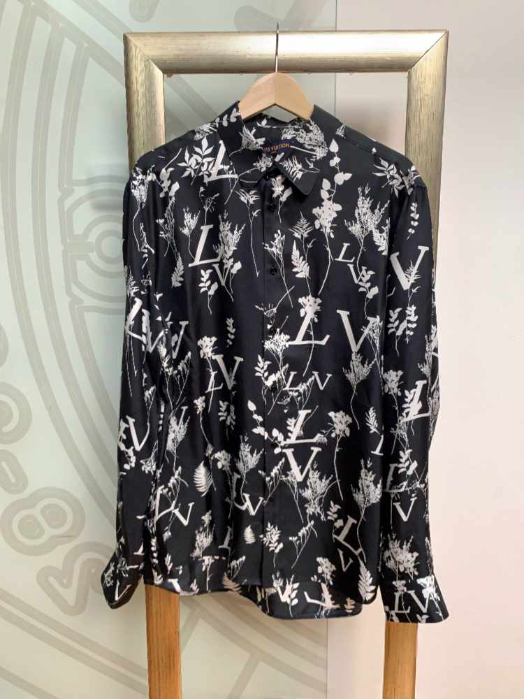 Louis Vuitton - LV Leaf Print Silk Long Sleeve Men Shirt Dark Grey XXL