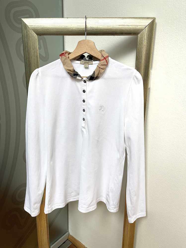 Burberry - Check Collar Long Sleeve T-Shirt White XL