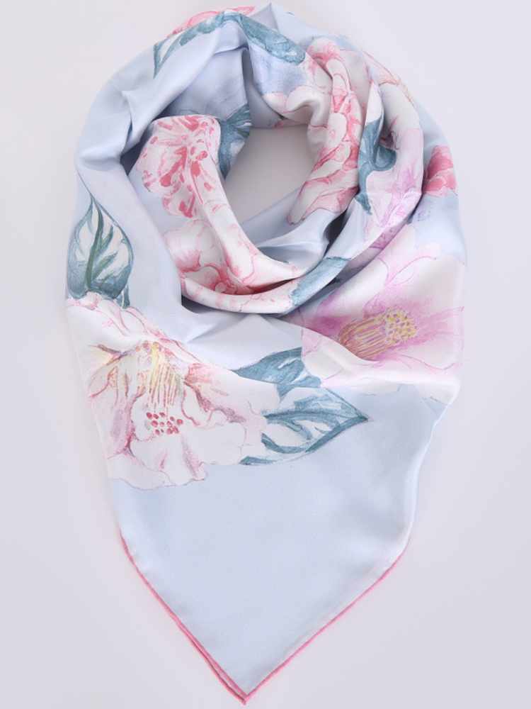 Chanel - CC Camellia Silk Scarf Blue/Pink 