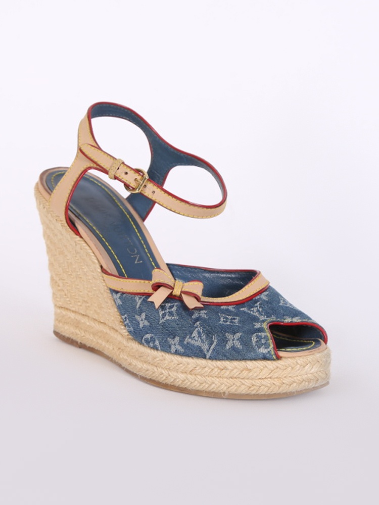 Louis Vuitton - Monogram Denim Bow Wedge Sandals 38