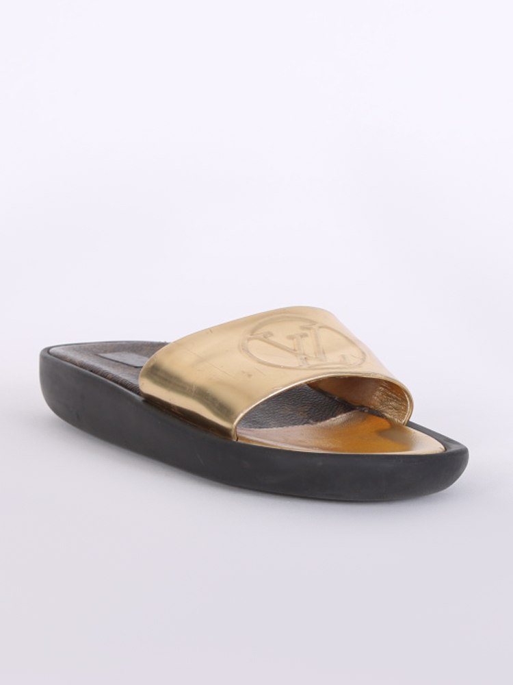 Louis Vuitton Gold Leather Sunbath Flat Slides Size 39 Louis