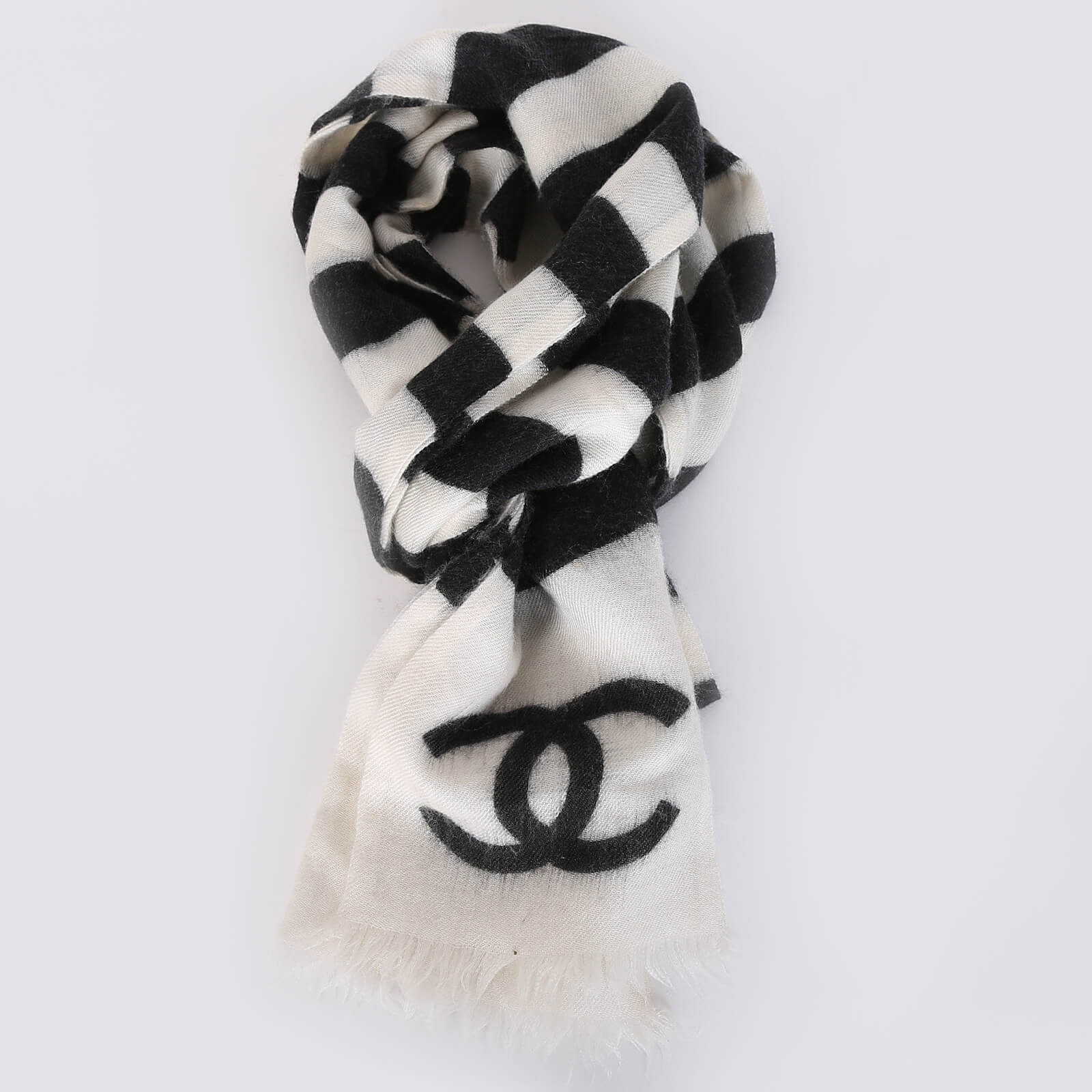 Chanel - Striped Cashmere Scarf Black/White