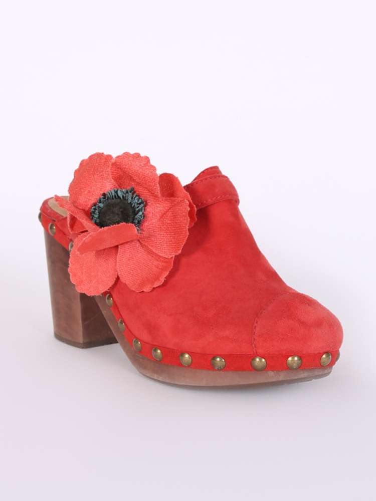 Chanel - Camellia Suede Studded Wooden Clogs Red 40