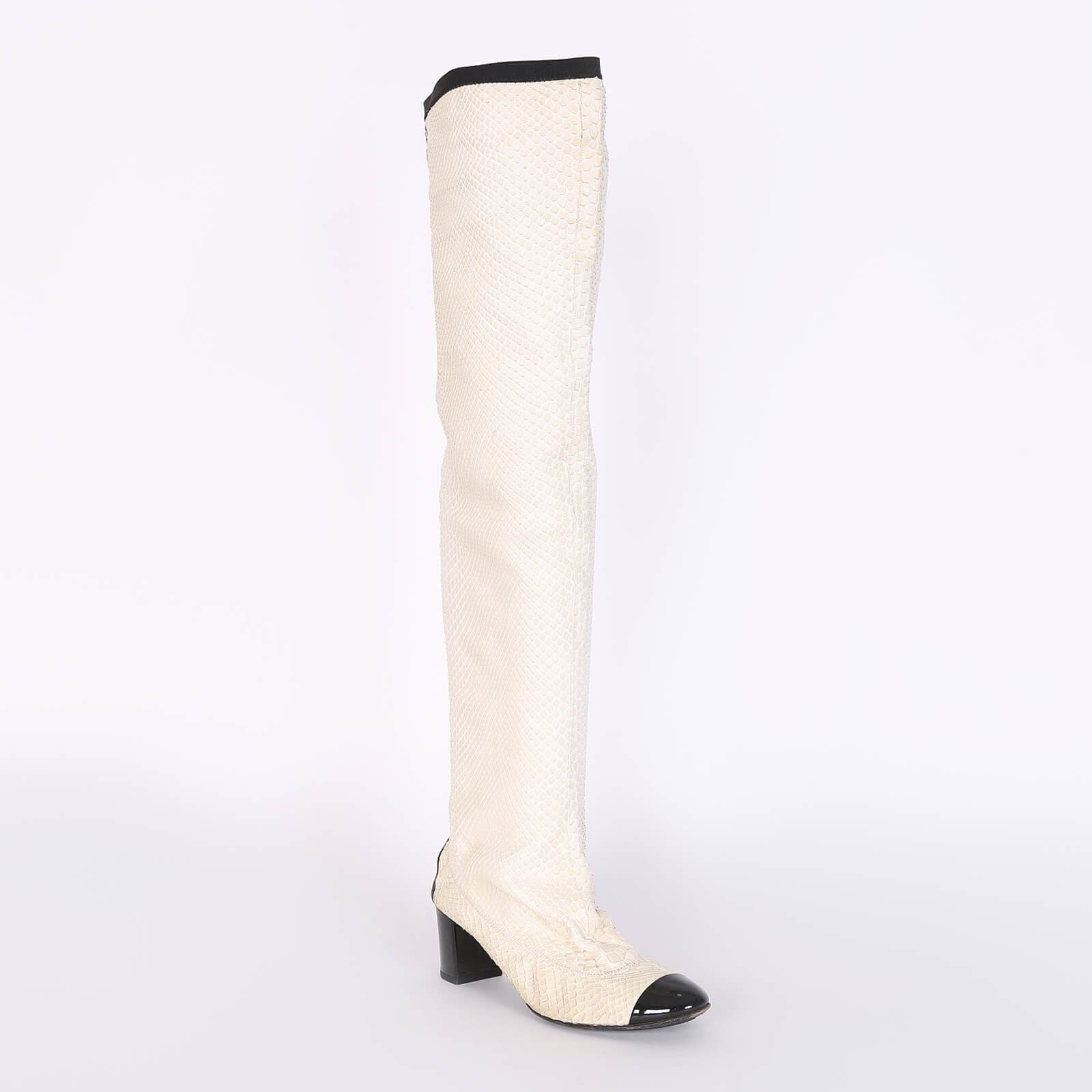 Chanel - CC Python Leather Cap Toe Over the Knee Boots Cream