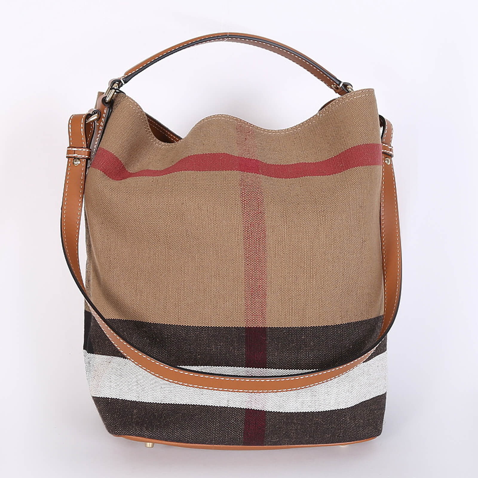 Burberry Ashby Medium Saddle Leather Check Canvas Hobo Bag Brown www.luxurybags.eu