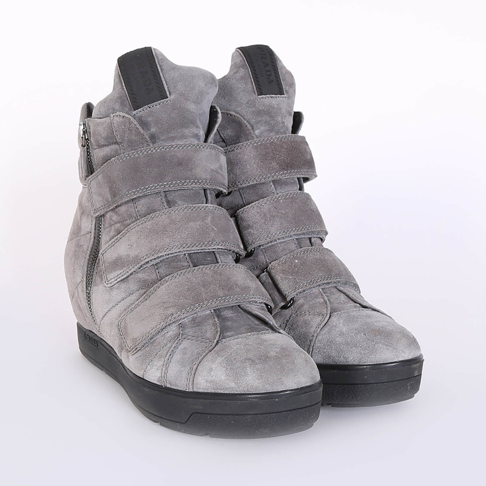 Prada - Velcro Suede Leather Wedge Sneakers Grey 40 
