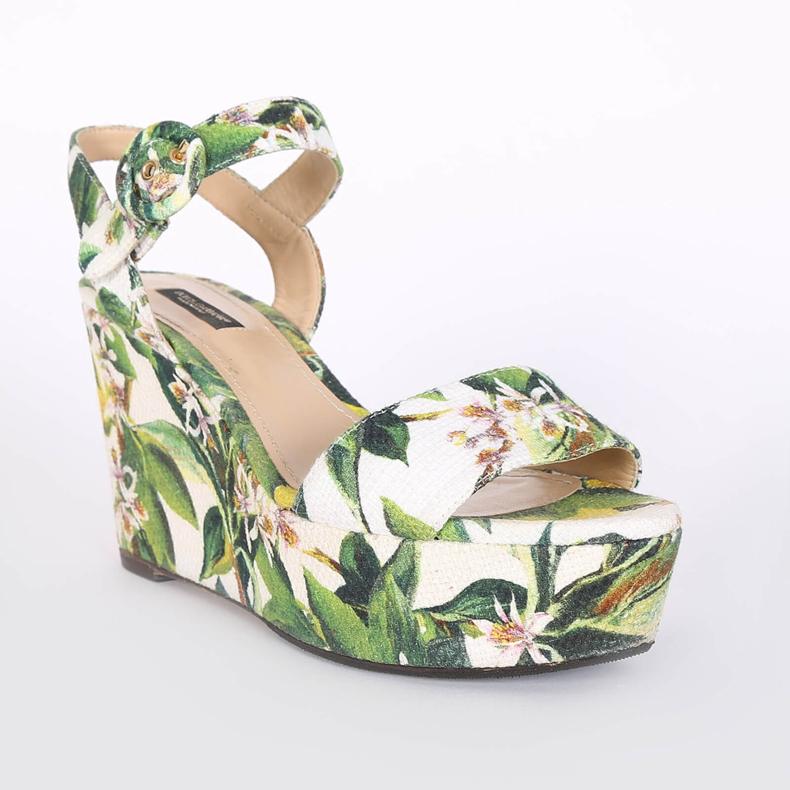 Dolce & Gabbana - Floral Print Canvas Wedge Sandals Green 39