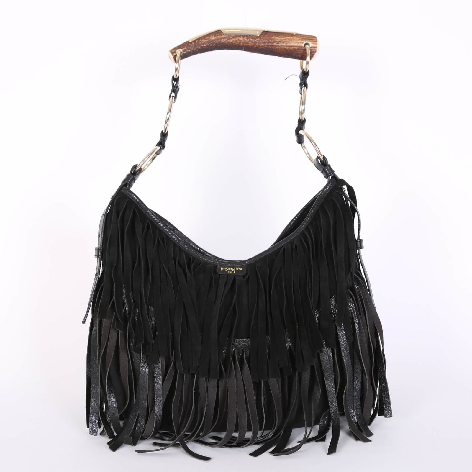 Yves Saint Laurent - Mombasa Fringe Suede Leather Horn Handle Hobo Bag Black