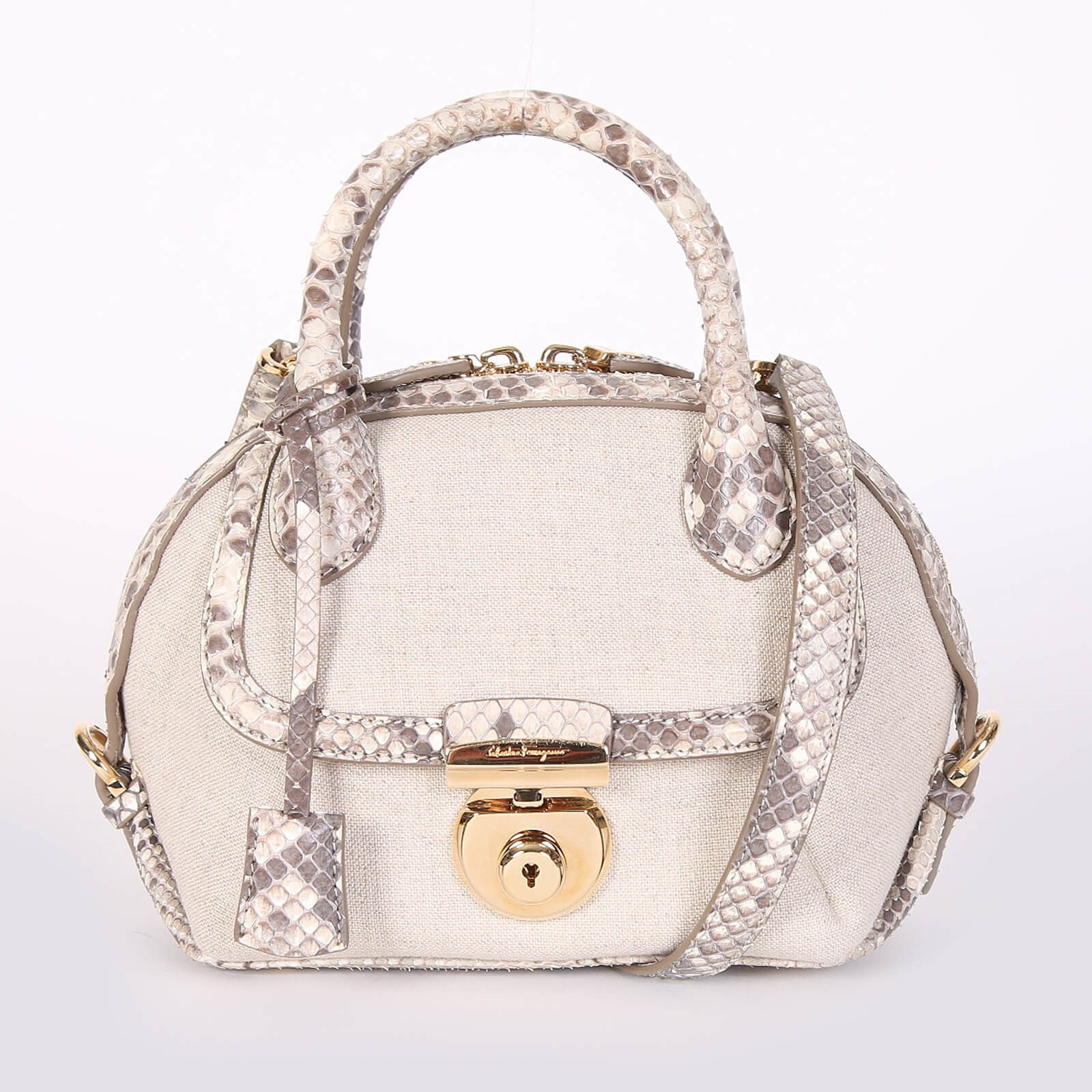 Salvatore Ferragamo Fiamma Small Python Detail Canvas Bag with Strap Beige www.luxurybags.eu