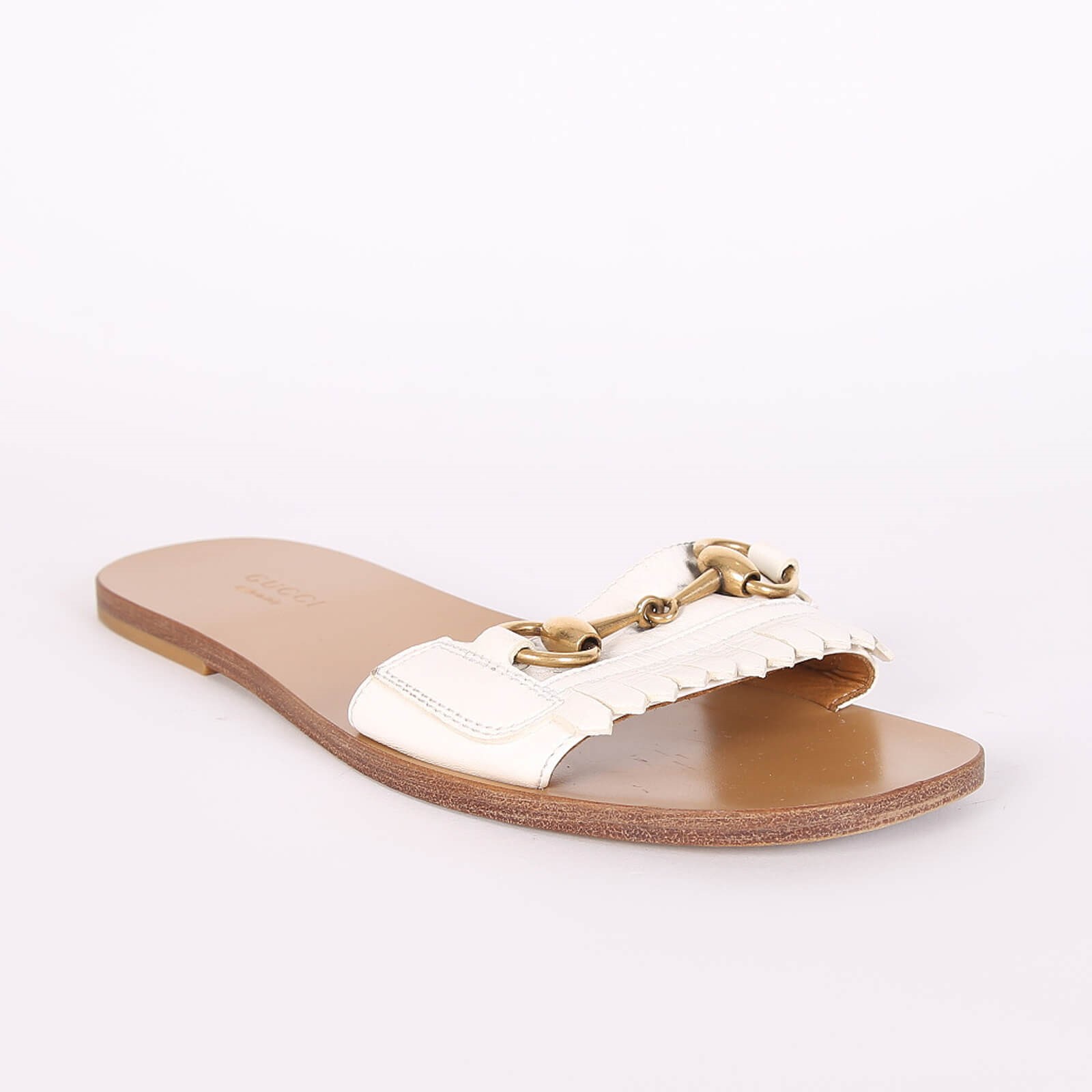 Gucci Fringe Leather Horsebit Flat Sandals White 35 5 www.luxurybags.eu