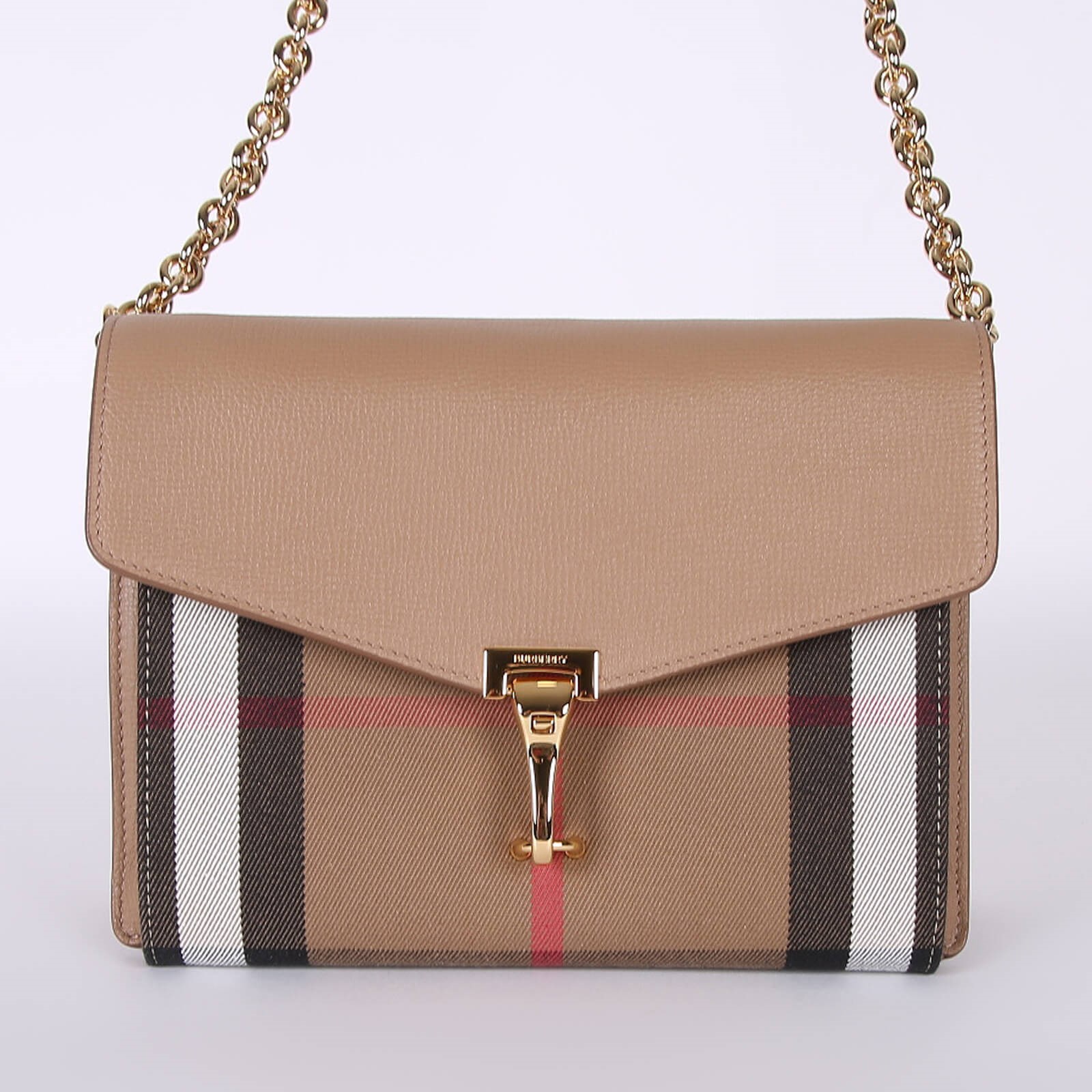 Burberry Macken Small Leather and House Check Crossbody Bag Camel www.luxurybags.eu
