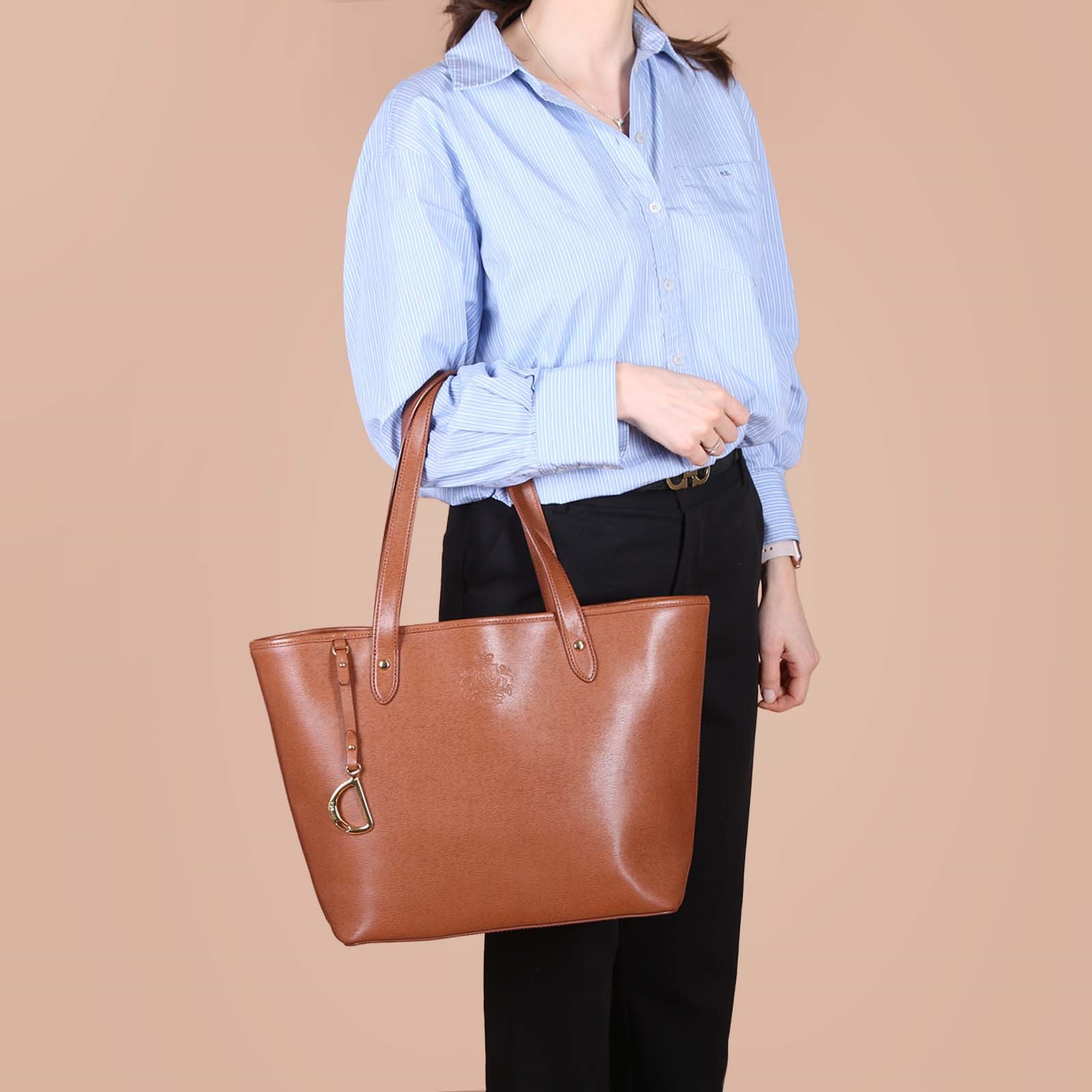 Lauren Ralph Lauren Newbury Embossed Logo Leather Shopping Tote Brown www.luxurybags.eu