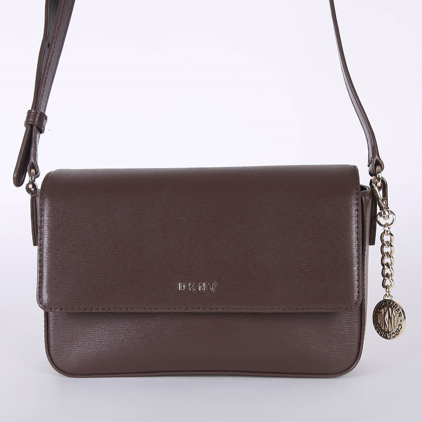 DKNY Bryant Medium Leather Flap Crossbody Brown www.luxurybags.eu